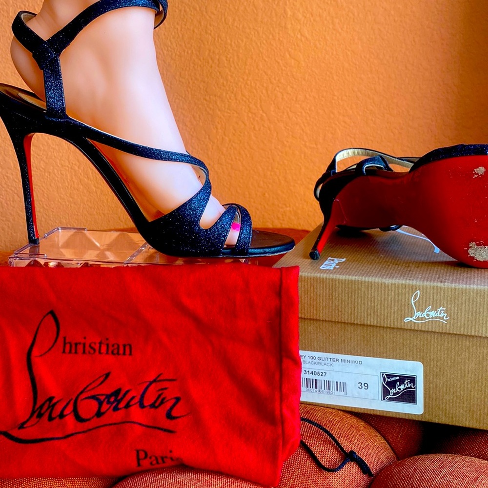 Christian Louboutin Black Audrey Glitter Strappy Sandals.